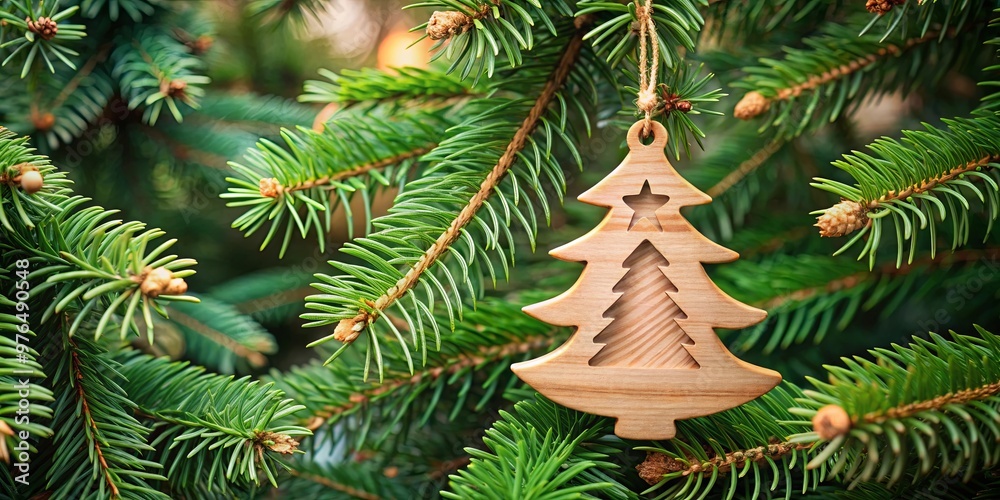 A festive wooden ornament featuring a pine tree hanging for Christmas A festive wooden ornament featuring a pine tree hanging for Christmas