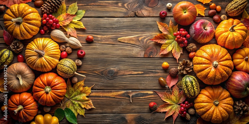 Fototapeta premium Harvest wallpaper featuring pumpkins, acorns, autumn leaves, and fruits in a seasonal display