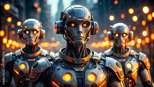 Futuristic robots with orange head lights and bokeh effect in hyperrealistic style photo