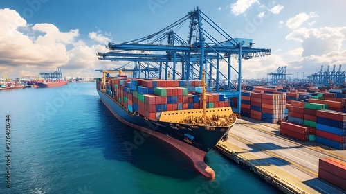 Cargo ship loaded with containers at a busy port under a bright sky.
