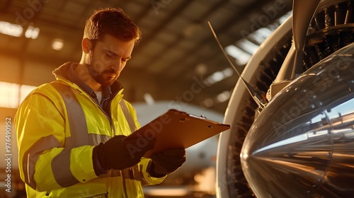 Aircraft mechanic inspecting an engine with a clipboard in hand inside a hangar, illuminated by warm sunlight for maintenance checks. photo