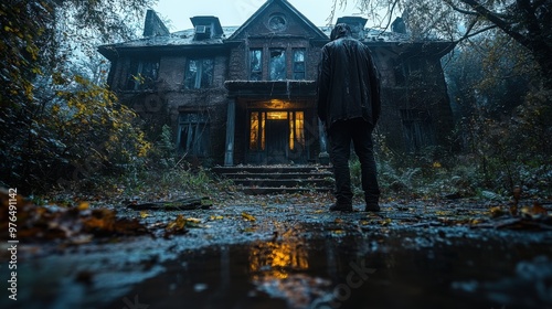 Eerie Haunted Mansion: Ghostly Figure at Night with Cobwebs and Broken Windows