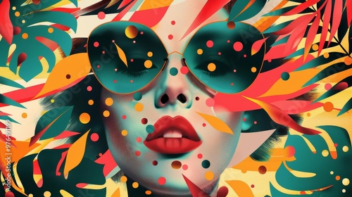 Vibrant summer portrait blending tropical foliage and colorful dots, emphasizing bold sunglasses and striking red lips, radiating a playful, energetic vibe. photo