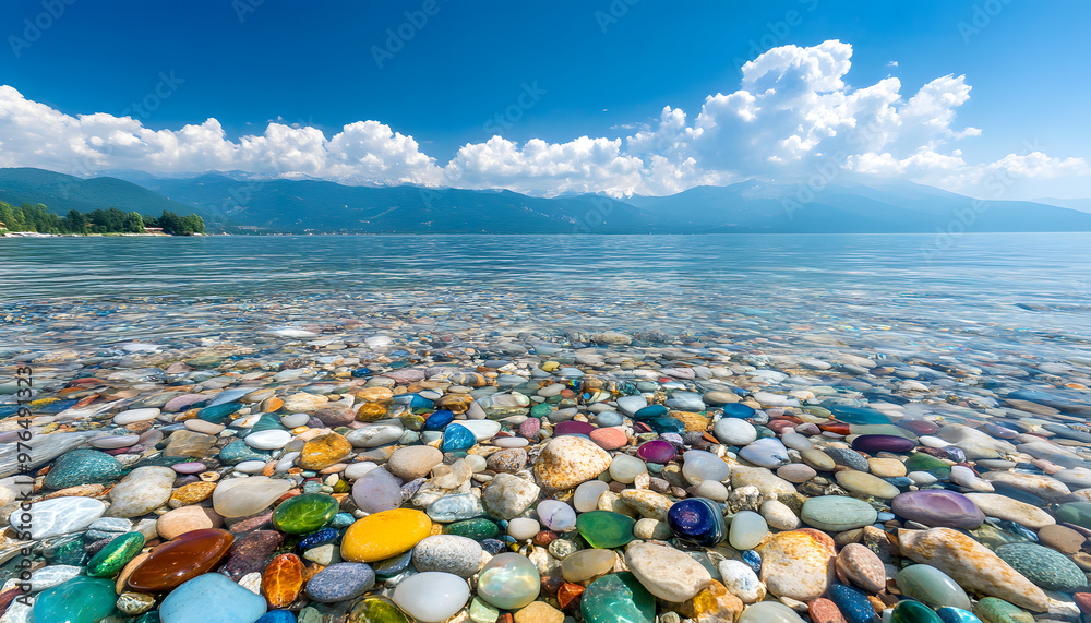 The sea is full of colorful pebbles, and the pebble beach on both sides is covered with many colored glass stones The sea is full of colorful pebbles, and the pebble beach on both sides is covered with many colored glass stones