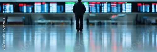 A lone individual stands before large screens displaying flight information in an airport, reflecting a journey or awaiting loved ones while traveling or working.