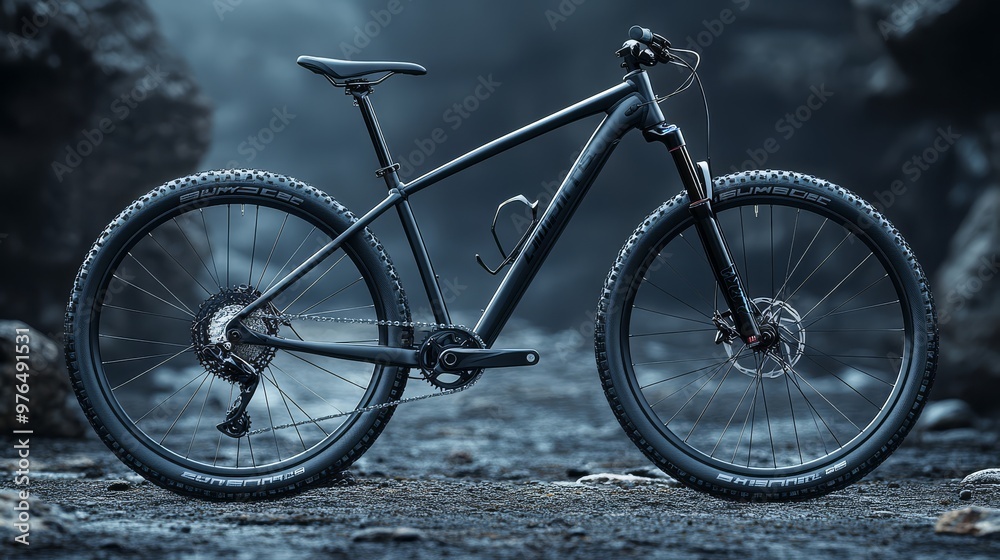 Sleek black mountain bike on rocky terrain, showcasing rugged design and off-road capabilities for outdoor adventure enthusiasts. Sleek black mountain bike on rocky terrain, showcasing rugged design and off-road capabilities for outdoor adventure enthusiasts.