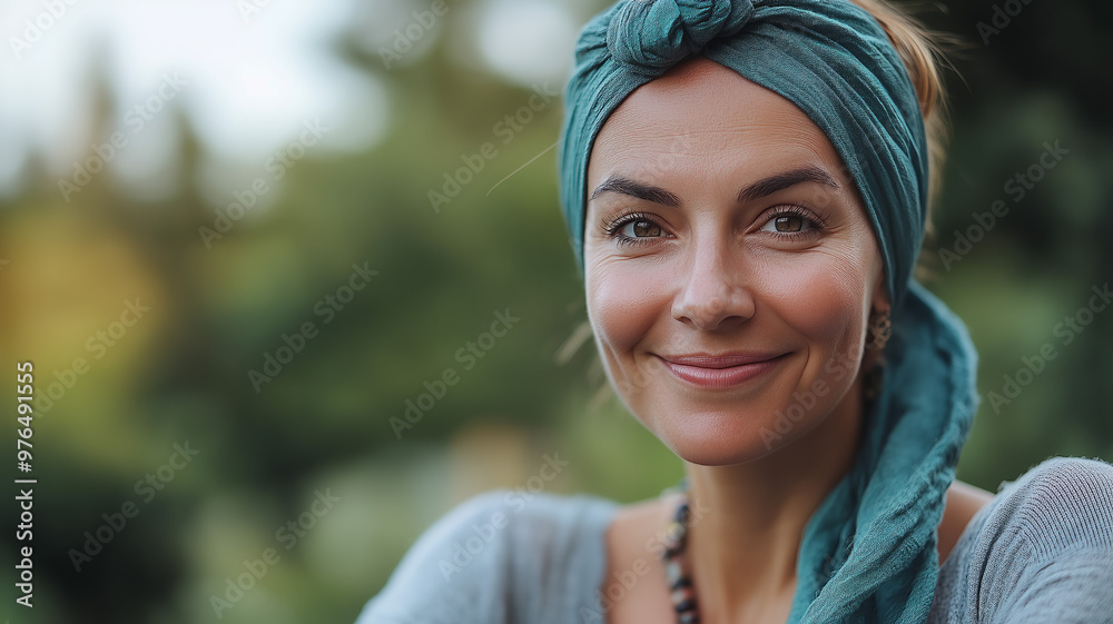 A close-up portrait of a smiling woman wearing a teal headscarf, with a peaceful expression. A close-up portrait of a smiling woman wearing a teal headscarf, with a peaceful expression.