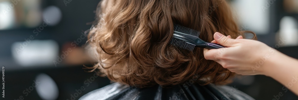 A hairdresser or stylist is combing through brown wavy hair of a client seated at a salon, highlighting the personal care, grooming, beauty, and attention to detail involved in hairstyling. A hairdresser or stylist is combing through brown wavy hair of a client seated at a salon, highlighting the personal care, grooming, beauty, and attention to detail involved in hairstyling.