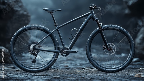 Sleek black mountain bike on rocky terrain, showcasing rugged design and off-road capabilities for outdoor adventure enthusiasts. photo