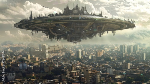 Fototapeta Naklejka Na Ścianę i Meble -  Futuristic Cityscape with Flying City