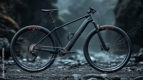 Sleek mountain bike with modern design standing on rocky terrain amidst a foggy, natural landscape. photo