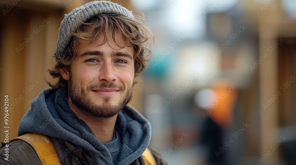 Smiling young man with a knit hat and backpack in an outdoor urban environment, exuding a casual and cheerful vibe. Smiling young man with a knit hat and backpack in an outdoor urban environment, exuding a casual and cheerful vibe.