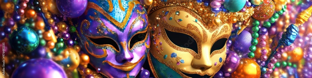 A detailed festival banner with a Mardi Gras theme, including colorful masks, beads, and festive parade elements A detailed festival banner with a Mardi Gras theme, including colorful masks, beads, and festive parade elements