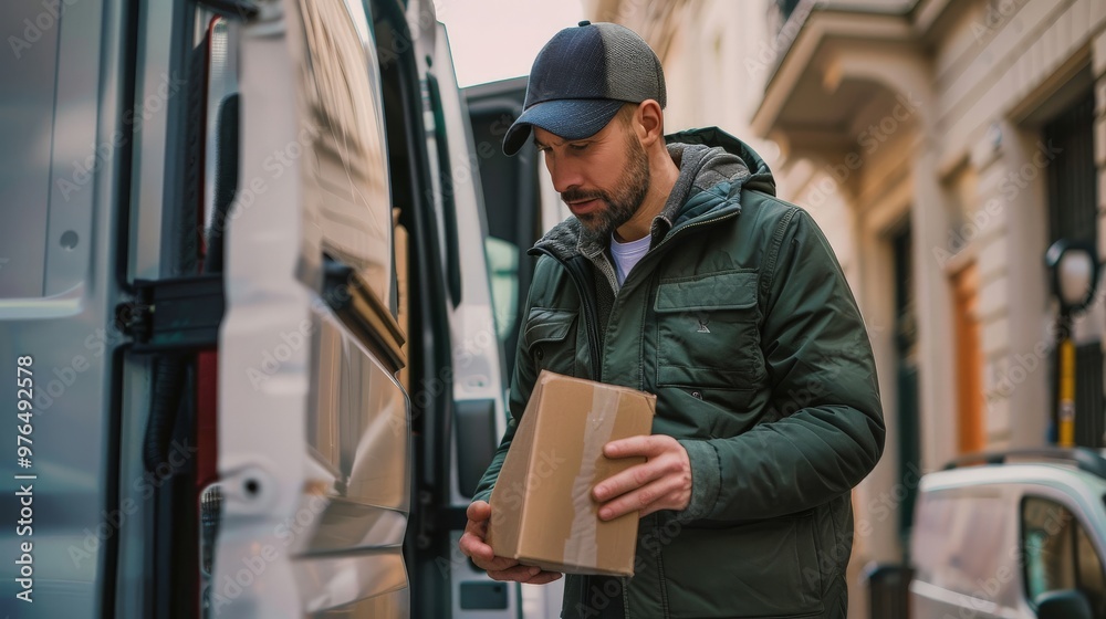 Delivery driver scanning packages before loading them into the van Delivery driver scanning packages before loading them into the van