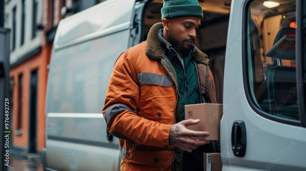 Delivery driver scanning packages before loading them into the van