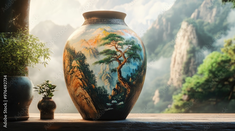 Beautiful ancient tree on a vibrant mountain, elegantly painted on a large vase, displayed in a realistic home setting for an artistic touch Beautiful ancient tree on a vibrant mountain, elegantly painted on a large vase, displayed in a realistic home setting for an artistic touch