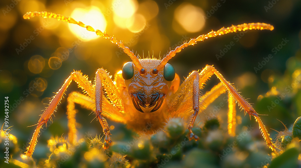 Fototapeta premium Assassin bug, from below, upward view, Hyper-realistic, early morning light 