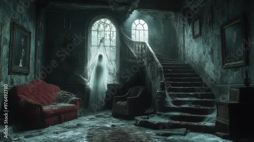 Eerie Haunted Attic with Ghostly Presence and Vintage Furniture