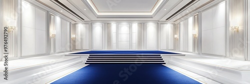 High-end hotel conference platform with royal blue carpet and white paneling.