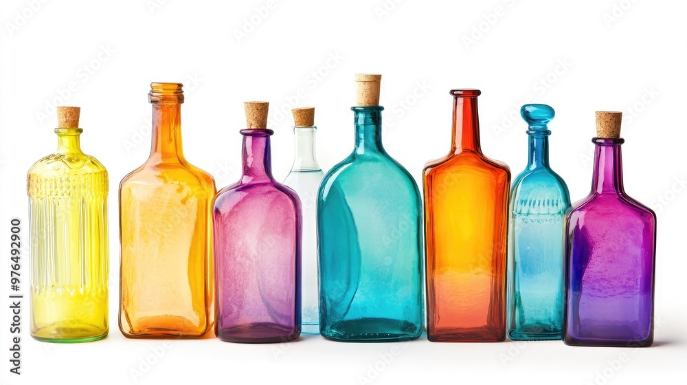 Beautiful set of colorful bottles in different shapes, featuring vibrant glass, arranged on a clean white background Beautiful set of colorful bottles in different shapes, featuring vibrant glass, arranged on a clean white background