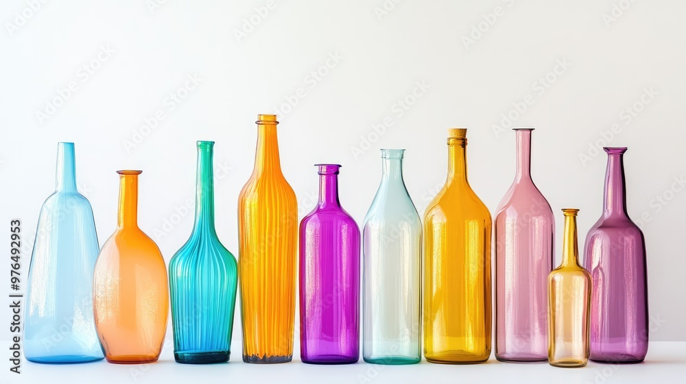 A beautiful and bright set of colorful bottles, with vivid glass in unique designs, placed on a minimalist white background A beautiful and bright set of colorful bottles, with vivid glass in unique designs, placed on a minimalist white background