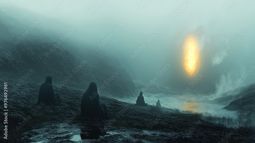 Dark figures seated in a foggy landscape, their outlines blurred by the swirling mist, with a faint glow from an unknown source casting an eerie, otherworldly light over the scene. 3d illustration Dark figures seated in a foggy landscape, their outlines blurred by the swirling mist, with a faint glow from an unknown source casting an eerie, otherworldly light over the scene. 3d illustration