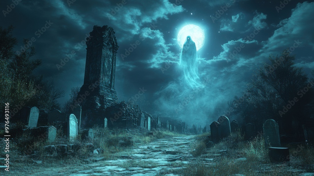 Ghostly Presence in Haunted Graveyard Under Cloudy Night Sky Ghostly Presence in Haunted Graveyard Under Cloudy Night Sky