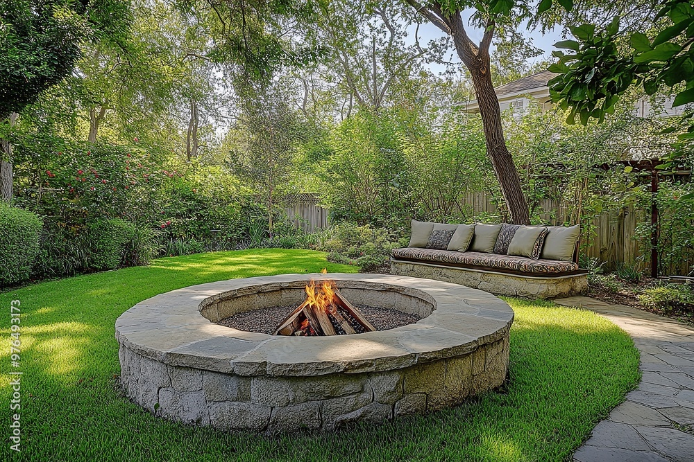 A beautiful outdoor seating area with an elegant fire pit, surrounded by lush green grass and tree A beautiful outdoor seating area with an elegant fire pit, surrounded by lush green grass and tree