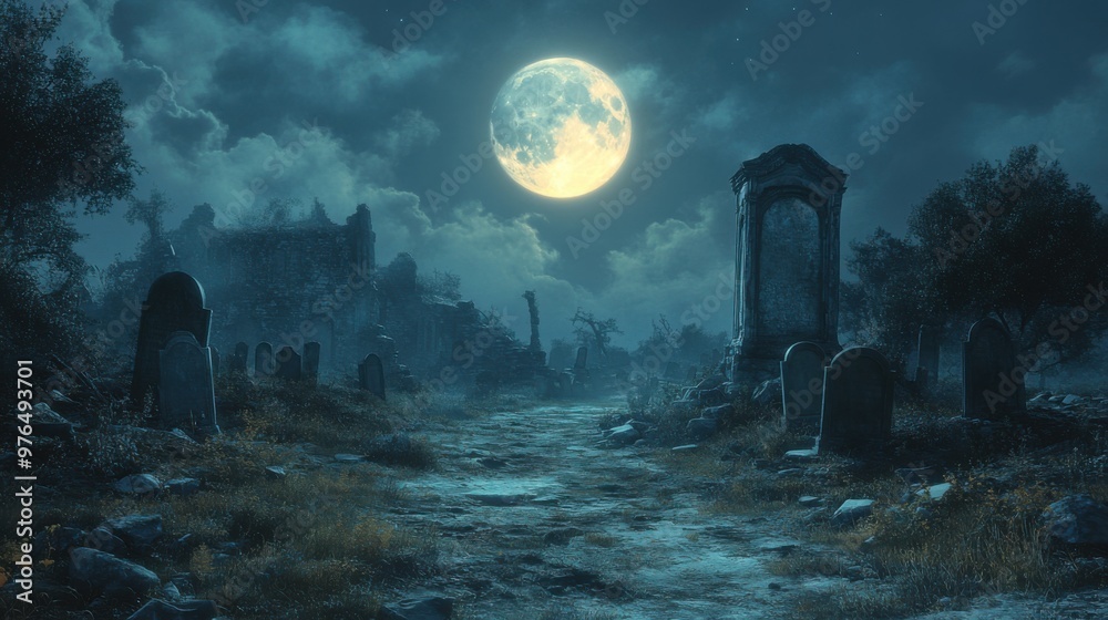 Eerie Night at the Haunted Graveyard with Ghostly Apparition under the Full Moon Eerie Night at the Haunted Graveyard with Ghostly Apparition under the Full Moon