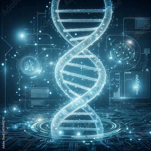 dna background Futuristic AND scientific research concept with technology with blue glowing abstract molecules and laboratory beakers