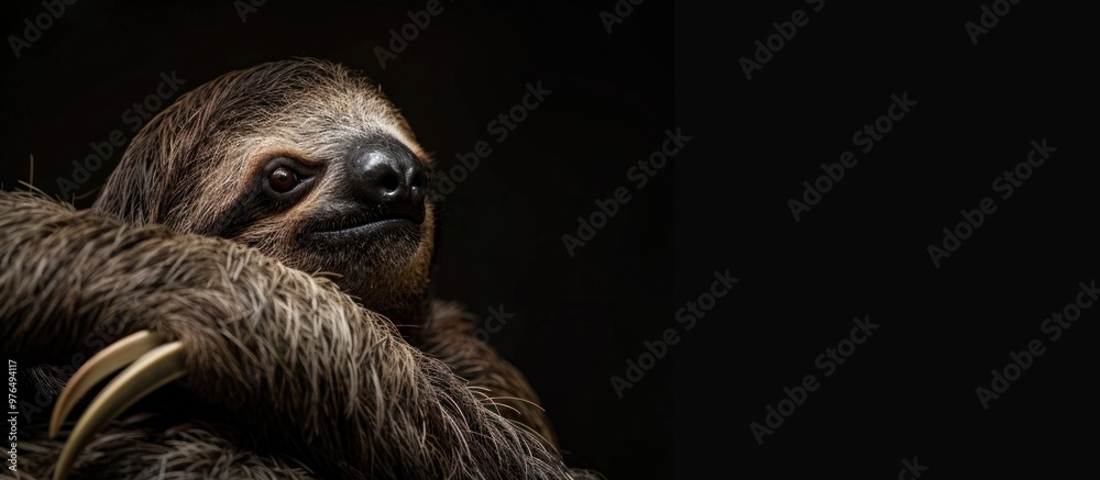 Fototapeta premium Close-up view of a Three-toed Panama Sloth on the edge of a black background