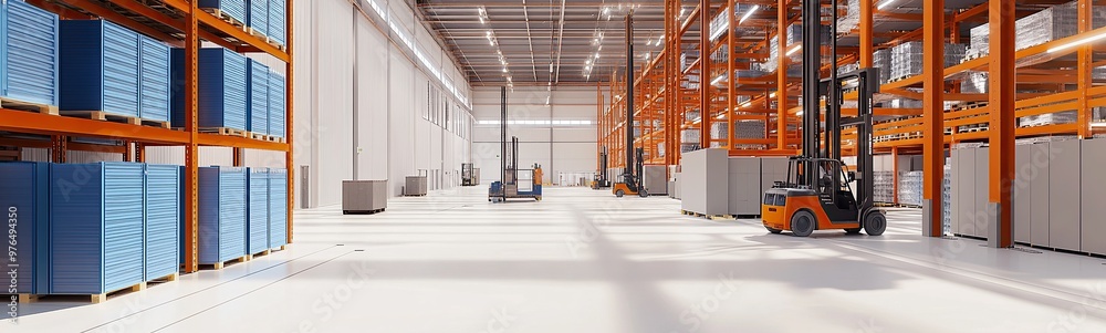 3D rendering of a modern warehouse with orange steel beams and blue storage boxes on the wall 3D rendering of a modern warehouse with orange steel beams and blue storage boxes on the wall