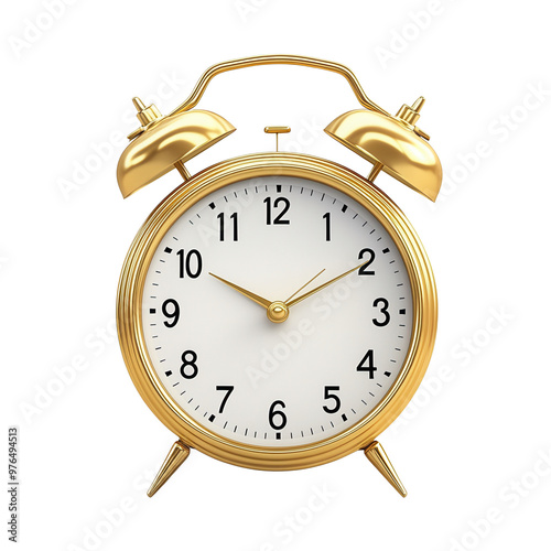 Classic gold alarm clock displaying time clearly, ideal for representing punctuality, time management, and vintage decor.