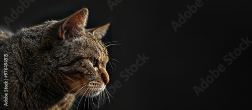 Close up of a neglected stray tomcat with blue and yellow eyes rundown stray cat on the edge of a black background