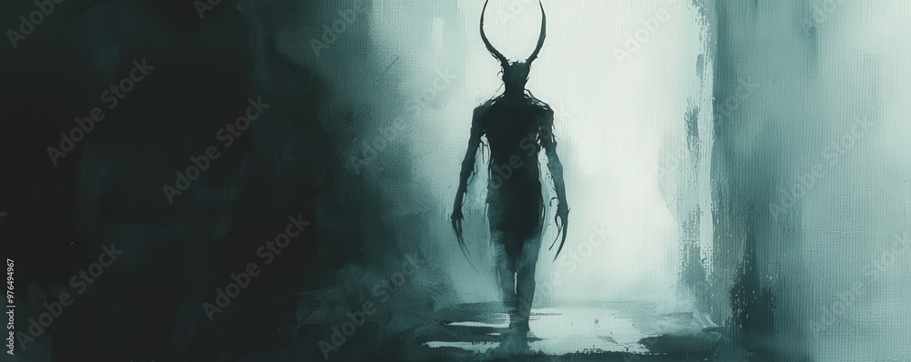 Emerging from a thick fog, a mysterious figure with elongated, curved horns appears in a shadowy corridor. The surrounding mist creates an ethereal glow around the figure, amplifying its enigmatic Emerging from a thick fog, a mysterious figure with elongated, curved horns appears in a shadowy corridor. The surrounding mist creates an ethereal glow around the figure, amplifying its enigmatic