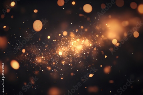 Golden abstract particles floating on dark background with glittering bokeh lights for wallpaper, backdrop design