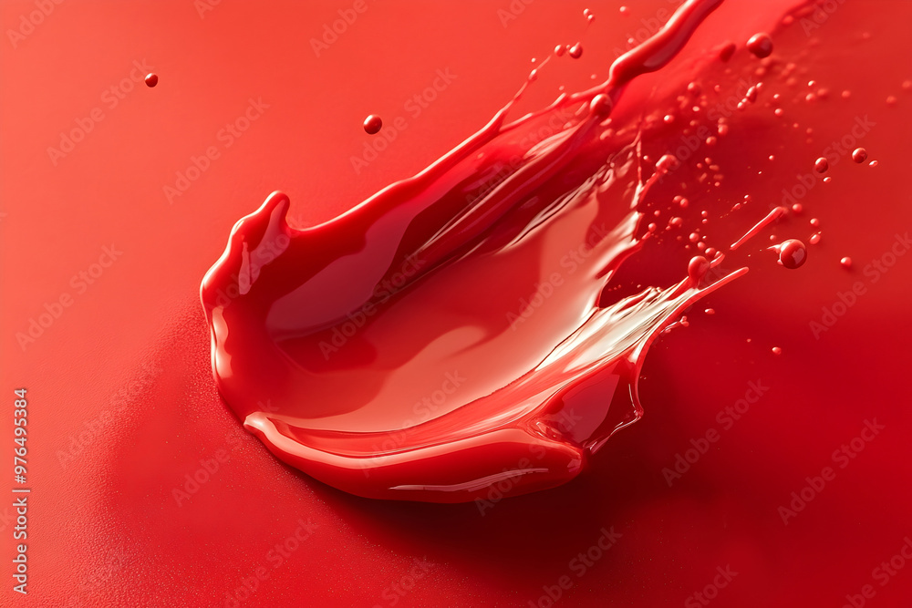 Red liquid splash dropping and making abstract shapes on red background for cosmetic or drink design concept Red liquid splash dropping and making abstract shapes on red background for cosmetic or drink design concept