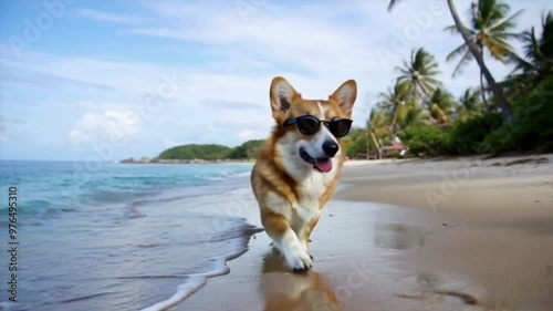 Corgi in Sunglasses Strolling on Tropical Beach