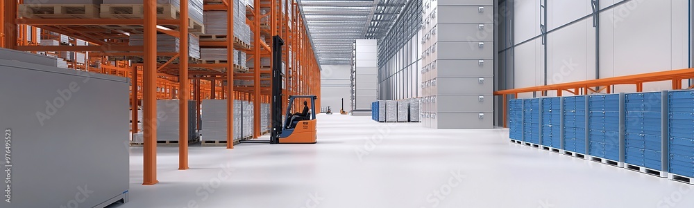 3D rendering of a modern warehouse with orange steel beams and blue storage boxes on the wall 3D rendering of a modern warehouse with orange steel beams and blue storage boxes on the wall