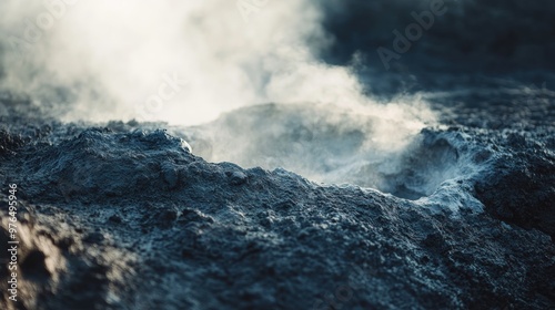 A close-up of a geothermal vent with steam and hot gases escaping from the earth, causing surface deformation