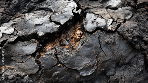A close-up of a volcanic explosion with expanding cracks and deformation in the surrounding rock and soil