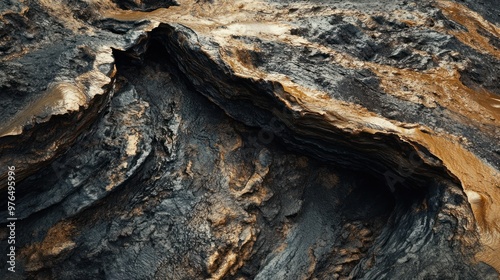 A close-up of a volcanic vent with deformed rock formations and mineral deposits caused by ongoing eruptions