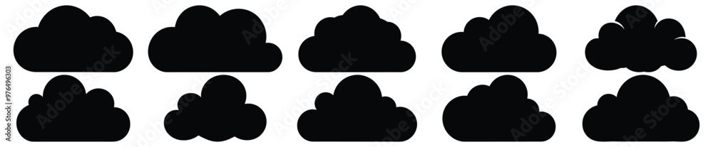 Cloud silhouettes set, sky pack of vector silhouette design, isolated background Cloud silhouettes set, sky pack of vector silhouette design, isolated background