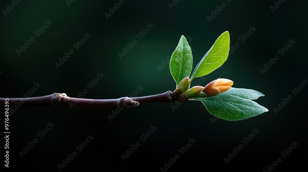 A close-up view of a budding branch with vibrant green leaves and an orange bud against a dark background, symbolizing renewal. A close-up view of a budding branch with vibrant green leaves and an orange bud against a dark background, symbolizing renewal.