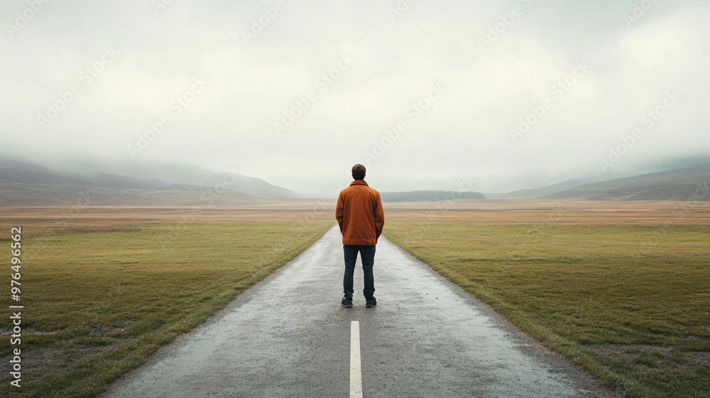 A lone figure stands on an empty road surrounded by a vast landscape, evoking a sense of solitude and contemplation. A lone figure stands on an empty road surrounded by a vast landscape, evoking a sense of solitude and contemplation.
