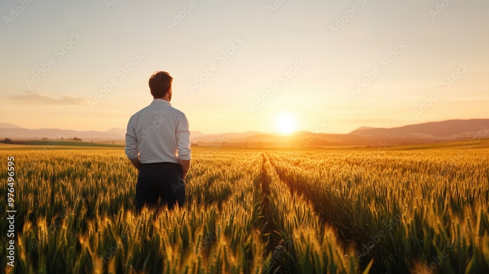 Fototapeta premium A man stands in a golden field at sunset, reflecting on nature's beauty and the tranquility of rural life.