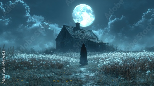 Eerie Ghostly Figure in Moonlit Field with Abandoned Farmhouse