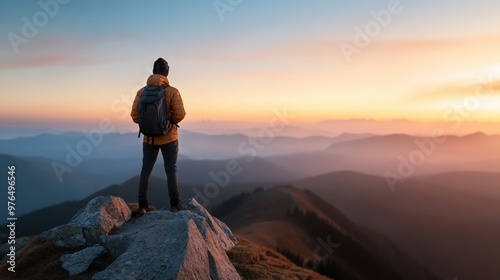 A hiker stands on a rocky peak, admiring a breathtaking sunset over the mountains and valleys below.