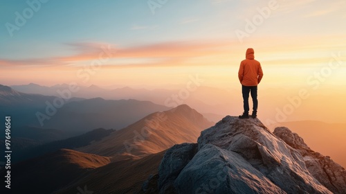 A lone figure stands on a mountain peak, bathed in the warm glow of a stunning sunset, embodying adventure and tranquility.