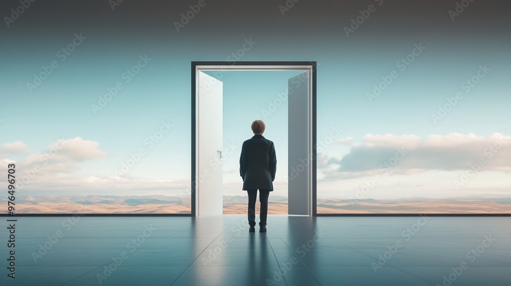 A person stands at an open door, gazing into a vast landscape, symbolizing opportunity and new beginnings. A person stands at an open door, gazing into a vast landscape, symbolizing opportunity and new beginnings.